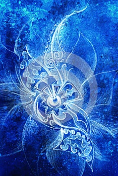 Ornamental filigran floral drawing with frozen winter time feelingt, spiral and abstract linear structure pattern Color photo