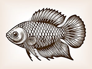 ornamental fish with fins engraving sketch vector