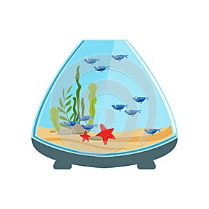 Ornamental fishes in aquarium of cone shape.