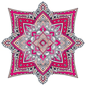 Ornamental Floral Mandala. Carpet ornament pattern. Interior mandala print in pink colors. Bright napkin design