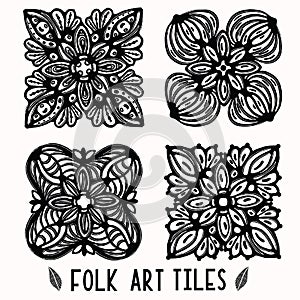 Ornamental folk art elements for design collection. Hand drawn linocut block print style. Black folkloric clip art tile