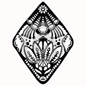 Ornamental folk art graphic design element. Hand drawn linocut block print style. Black folkloric clip art decor icon. Decorative