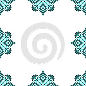 Ornamental frame. Decorative art nouveau border - corners - turquoise on white