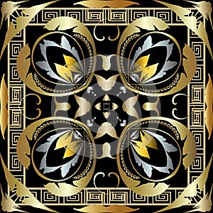 Ornamental gold Baroque 3d vector seamless pattern. Greek key meanders ornament. Abstract floral symmetrical background