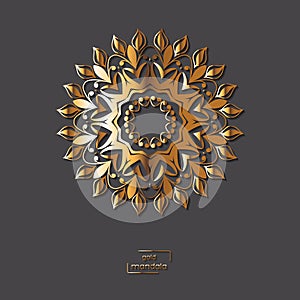 Ornamental golden flower mandala on grey color background. Ethnic vintage pattern. Indian, asian, arabic, islamic, ottoman motif.