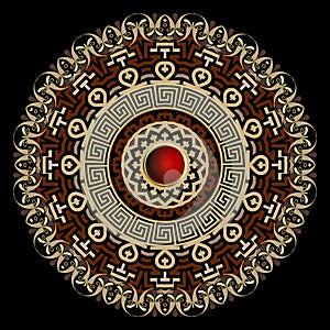 Ornamental greek style tribal ethnic mandala pattern with floral frames, borders, gold red 3d button. Greek key meanders vector