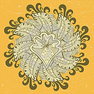 Ornamental illustration with floral doodle and threadbare grunge background.