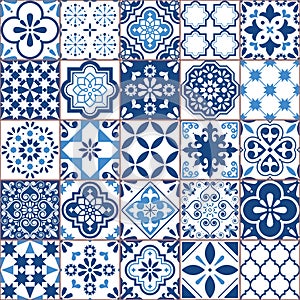 Lisbon geometric Azulejo tile vector pattern, Portuguese or Spanish retro old tiles mosaic, Mediterranean seamless navy blue desig