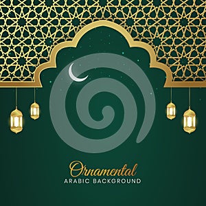 Ornamental Islamic Arch Pattern Background With Arabic Style Lanterns and Crescent Moon