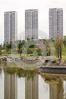 Ornamental lake with high rise buildings