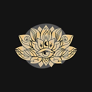 Ornamental lotus flower pattern with third eye. Decoration in oriental, Indian style.