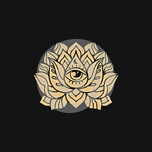 Ornamental lotus flower pattern with third eye. Decoration in oriental, Indian style.