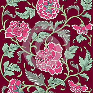 Ornamental magenta pink colored antique floral vintage pattern with peony flowers. Hand drawn organic background. Asian texture