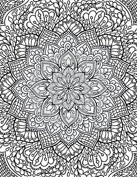 Ornamental mandala adult coloring book page. Zentangle style coloring page. Arabic, Indian ornament.