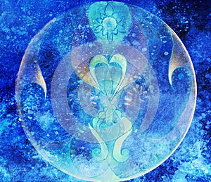 Ornamental mandala. Original hand art and computer collage. Blue color structure. Winter effect.