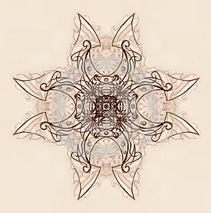 Ornamental mandala. Original hand draw and computer collage.