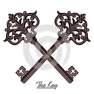 Ornamental medieval vintage keys with victorian leaf scrolls, hand-drawn antique keys