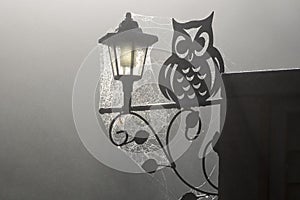 Ornamental Owl, Solar Light and Cobweb in Early Morning Fog and Frost