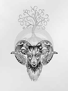 Ornamental painting of Aries, sacred animal symbol and tree of life.