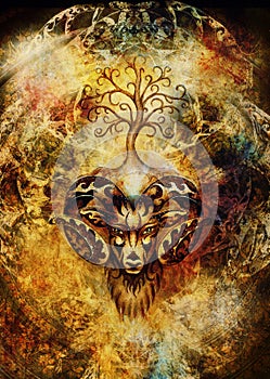 Ornamental painting of Aries, sacred animal symbol and tree of life.