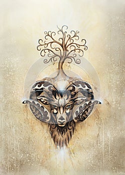 Ornamental painting of Aries, sacred animal symbol and tree of life.