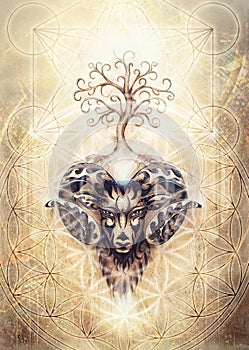 Ornamental painting of Aries, sacred animal symbol, tree of life, flower of life and merkaba