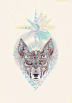 Ornamental painting of wolf, sacred animal and ornamental star with feathers