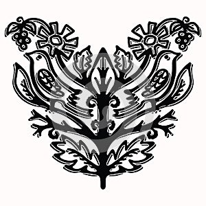 Ornamental paisley bird folk art elements for design. Hand drawn linocut block print style. Black folkloric songbird clip art .