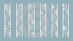 Ornamental panels with snowflake pattern. Laser cut decorative lace borders patterns. Set of bookmarks templates. Image suitable