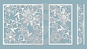 Ornamental panels with snowflake pattern. Laser cut decorative lace borders patterns. Set of bookmarks templates. Image suitable