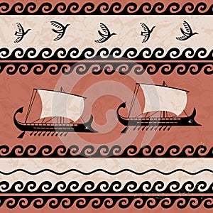 Ornamental pattern with birds and ships ancient Greek style photo