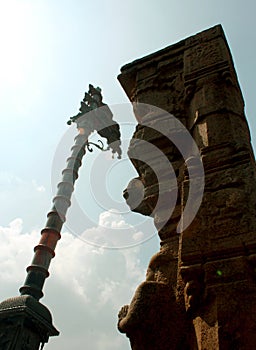 A ornamental pillars of the ancient Brihadisvara Temple in Thanjavur, india.