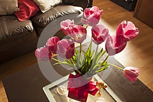 Ornamental pink tulips in the dining room photo