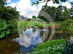 Ornamental pond and water fountain in a garden