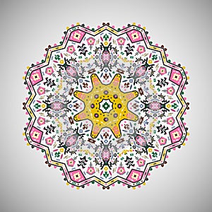 Ornamental round colorful geometric pattern in aztec style