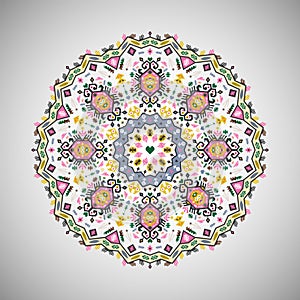 Ornamental round colorful geometric pattern in aztec style