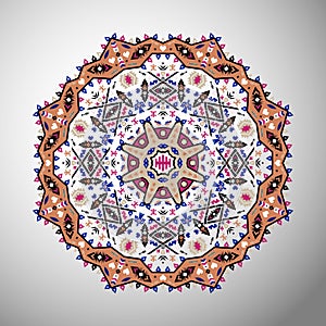 Ornamental round colorful geometric pattern in aztec style