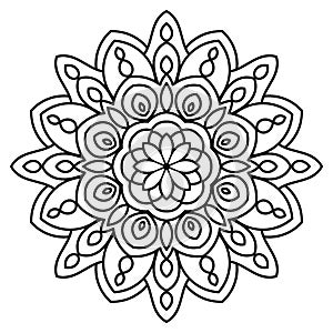 Ornamental round doodle flower isolated on white background. Black outline mandala.