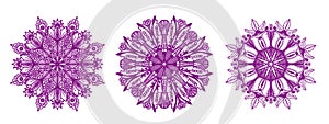 Ornamental round floral hand drawn pattern. Set of three purple mozaic mandalas, kaleidoscope, for coloring, antistress