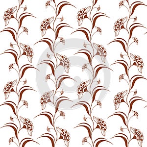 Ornamental seamless pattern with brown henna vertical flowers in indian mehndi style.