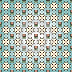 Ornamental stained glass pattern background with floral motive. Raster