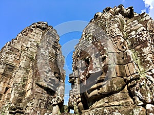 Ornamental statues in the shape of faces in Bayon Temple, Siem Reap, Cambodia.