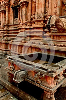Ornamental stone water way with tank in the ancient Brihadisvara Temple in Thanjavur, india.