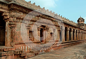 Ornamental surrounded hall with sky in the ancient Brihadisvara Temple in Thanjavur, india.