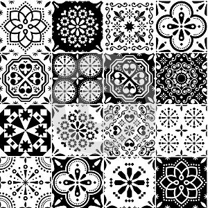 Lisbon Azujelo vector seamless tiles design - Portuguese retro black and white pattern, tile big collection