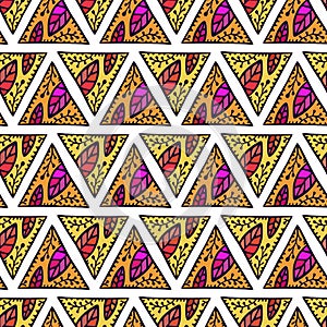 Ornamental triangled pattern with colorful leaves ornament. Seamless geomerical background. Folk ornament for textiles