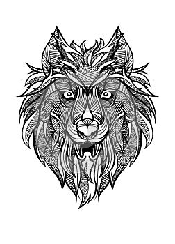 Ornamental vintage wolf predator, black and white tattoo, decorative retro style. Isolated vector