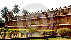 Ornamental wall of the ancient Brihadisvara Temple in Thanjavur, india.
