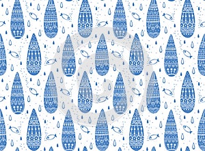 Ornamental water drops and fish seamless pattern on white background for shower curtain. Doodle style vector illustration