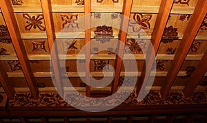 An ornamental wood ceiling in the palace of bangalore.